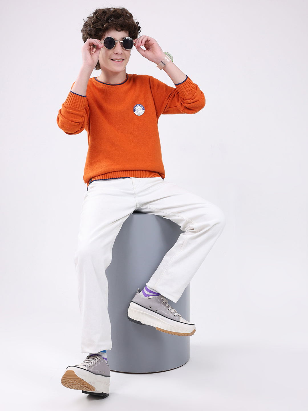 Boys Orange Solid Round Neck Full Sleeve Pullover
