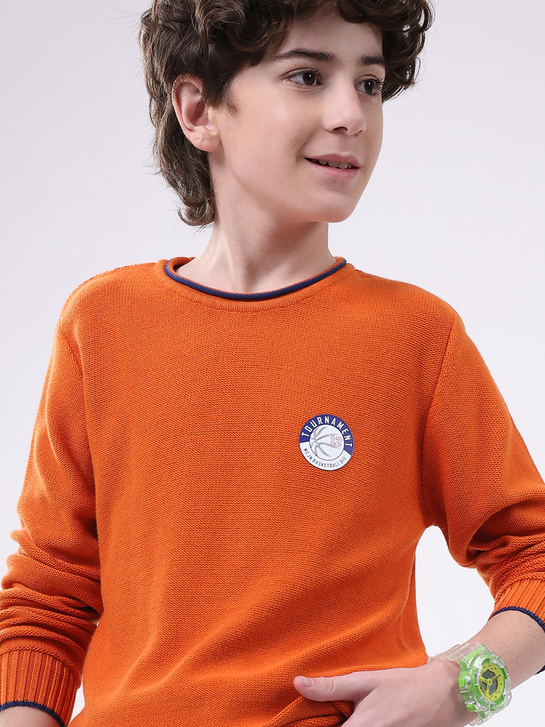 Boys Orange Solid Round Neck Full Sleeve Pullover