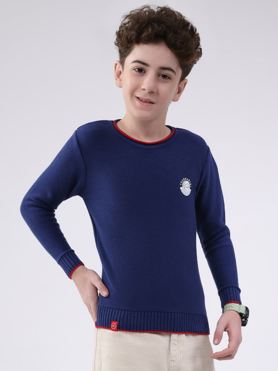 Boys Navy Blue Solid Round Neck Full Sleeve Pullover