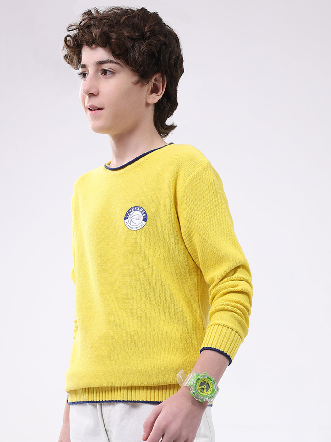 Boys Yellow Solid Round Neck Full Sleeve Pullover