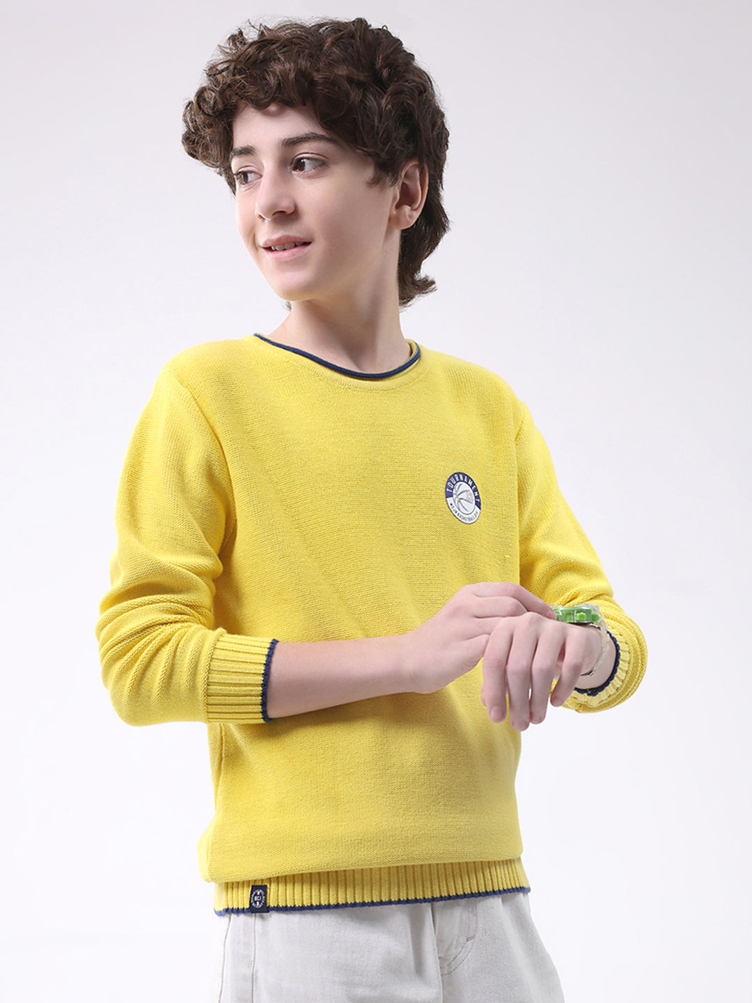 Boys Yellow Solid Round Neck Full Sleeve Pullover