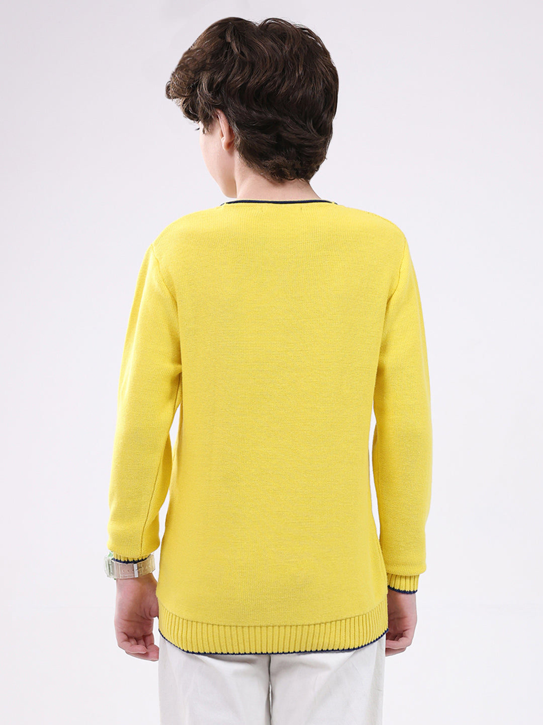 Boys Yellow Solid Round Neck Full Sleeve Pullover