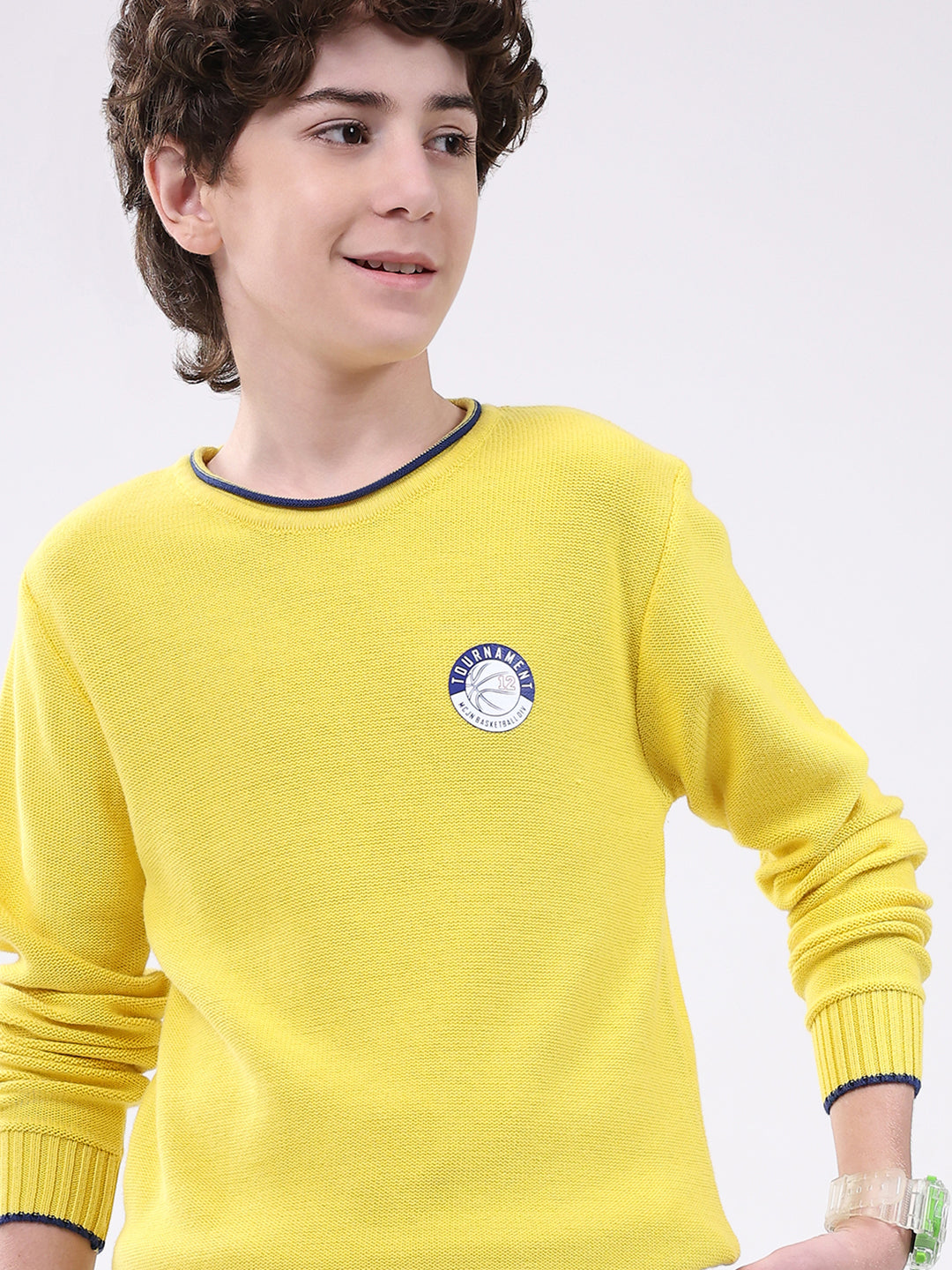Boys Yellow Solid Round Neck Full Sleeve Pullover