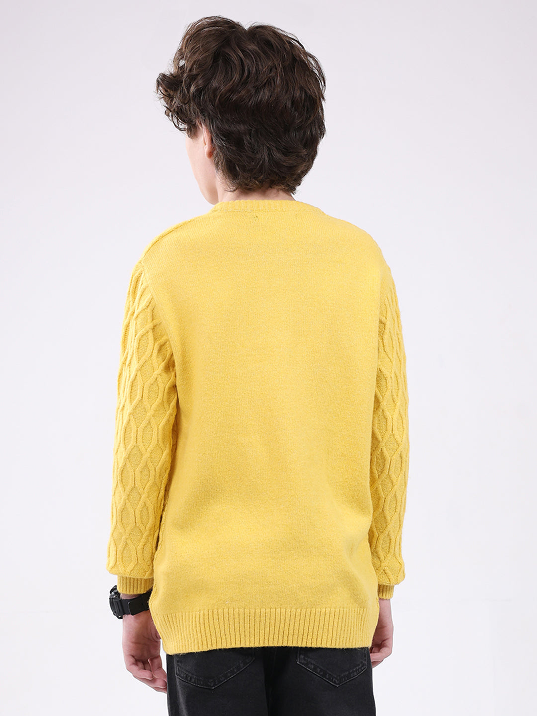 Boys Yellow Self Design Round Neck Full Sleeve Pullover