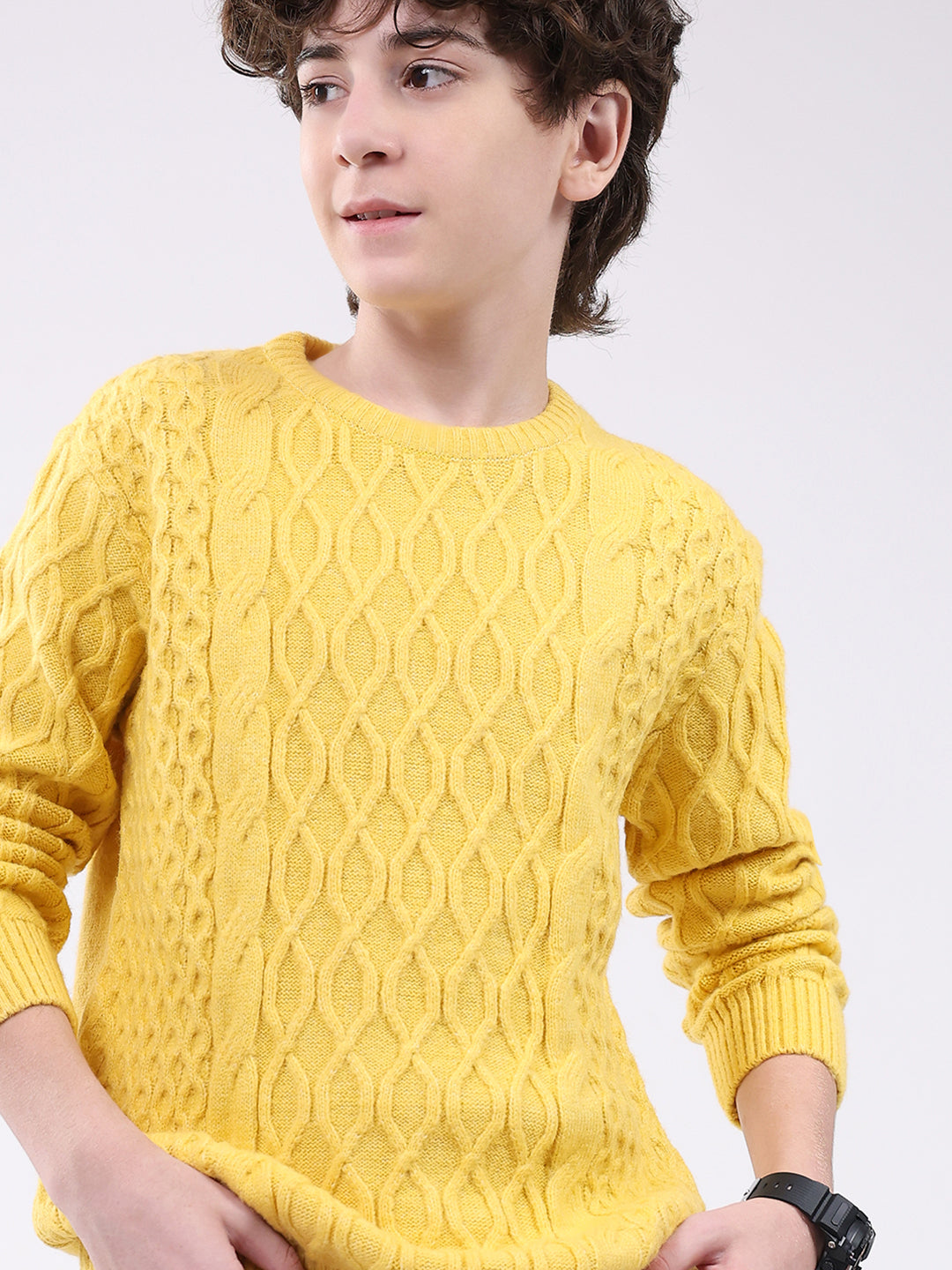 Boys Yellow Self Design Round Neck Full Sleeve Pullover