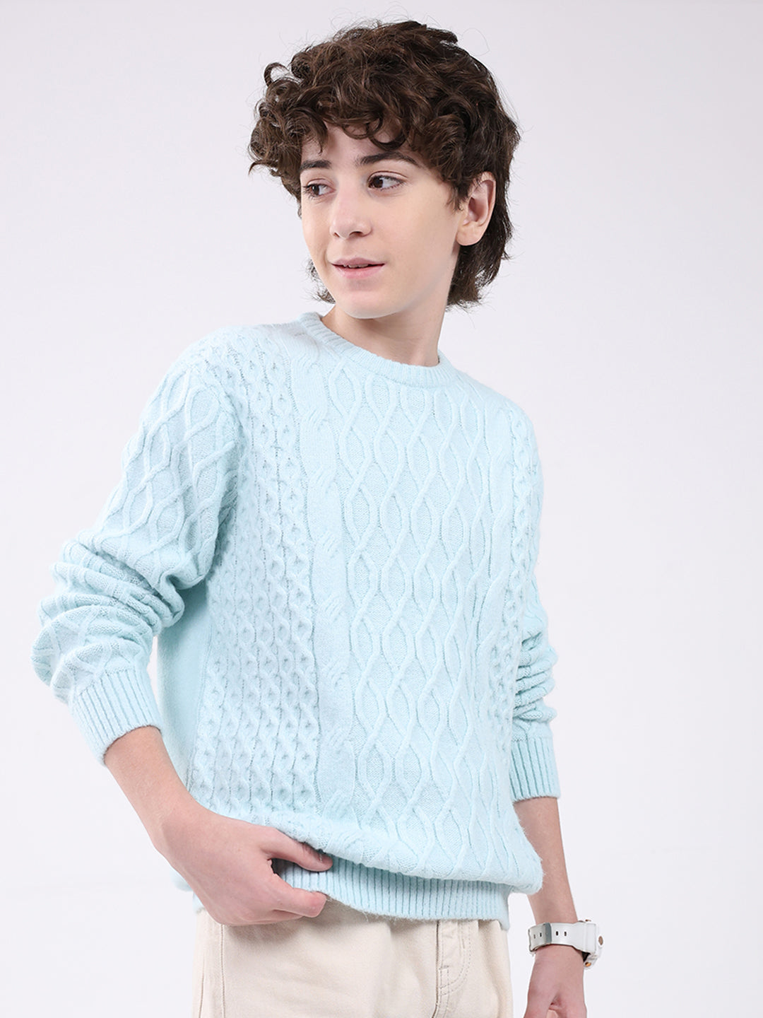 Boys Blue Self Design Round Neck Full Sleeve Pullover