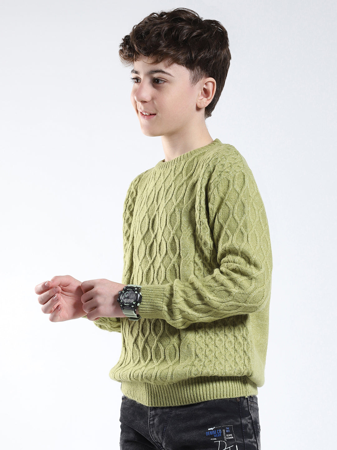 Boys Green Printed Round Neck Full Sleeve Pullover