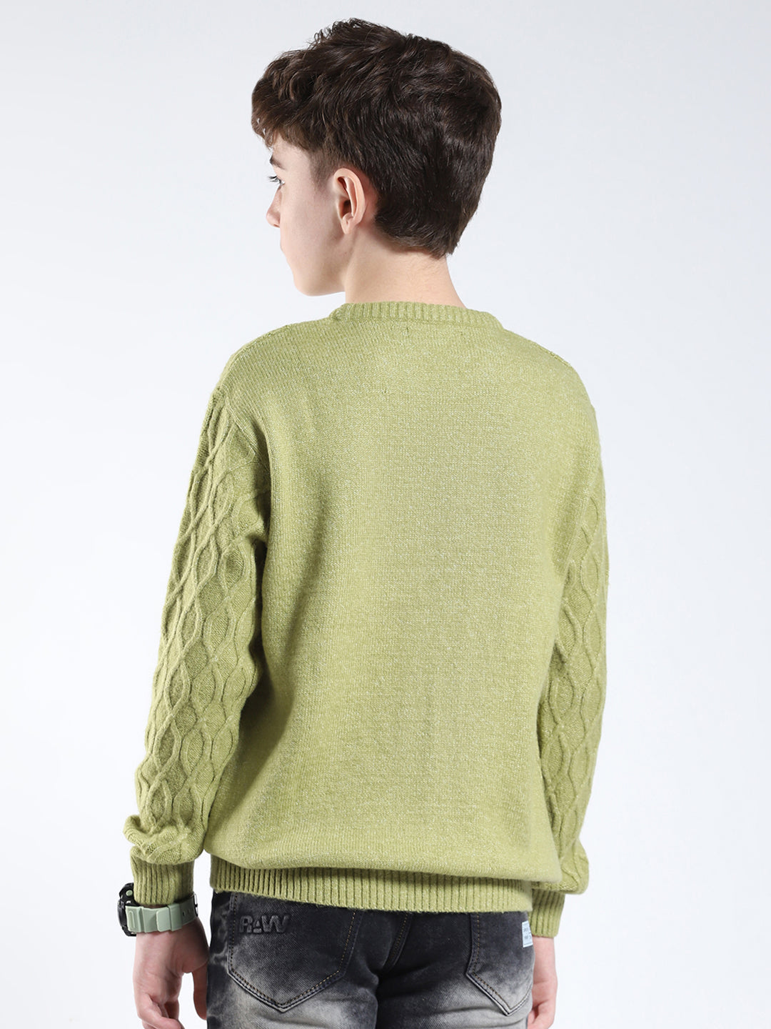 Boys Green Printed Round Neck Full Sleeve Pullover