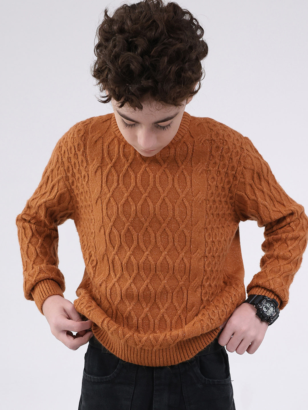 Boys Rust Self Design Round Neck Full Sleeve Pullover