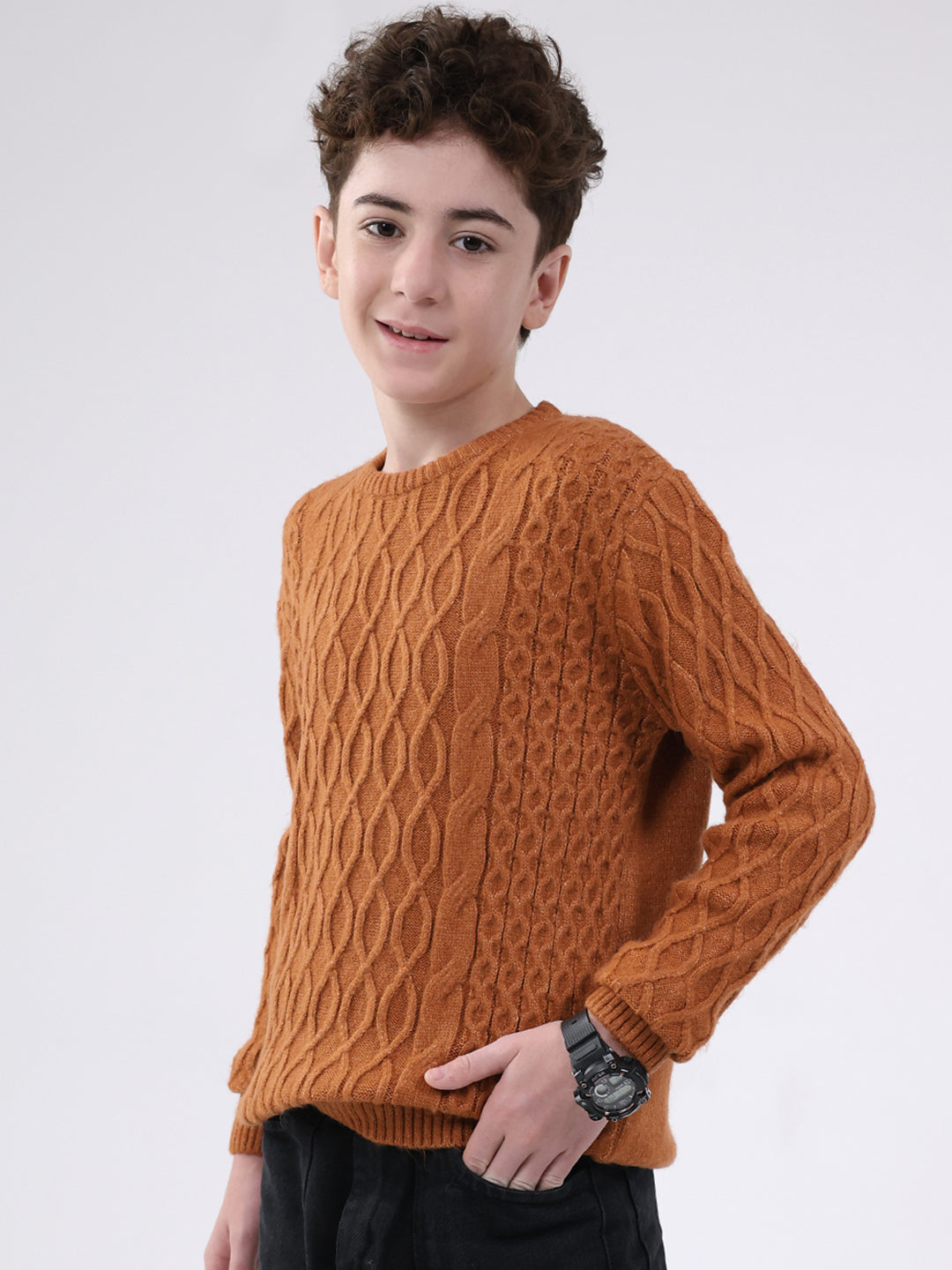 Boys Rust Self Design Round Neck Full Sleeve Pullover