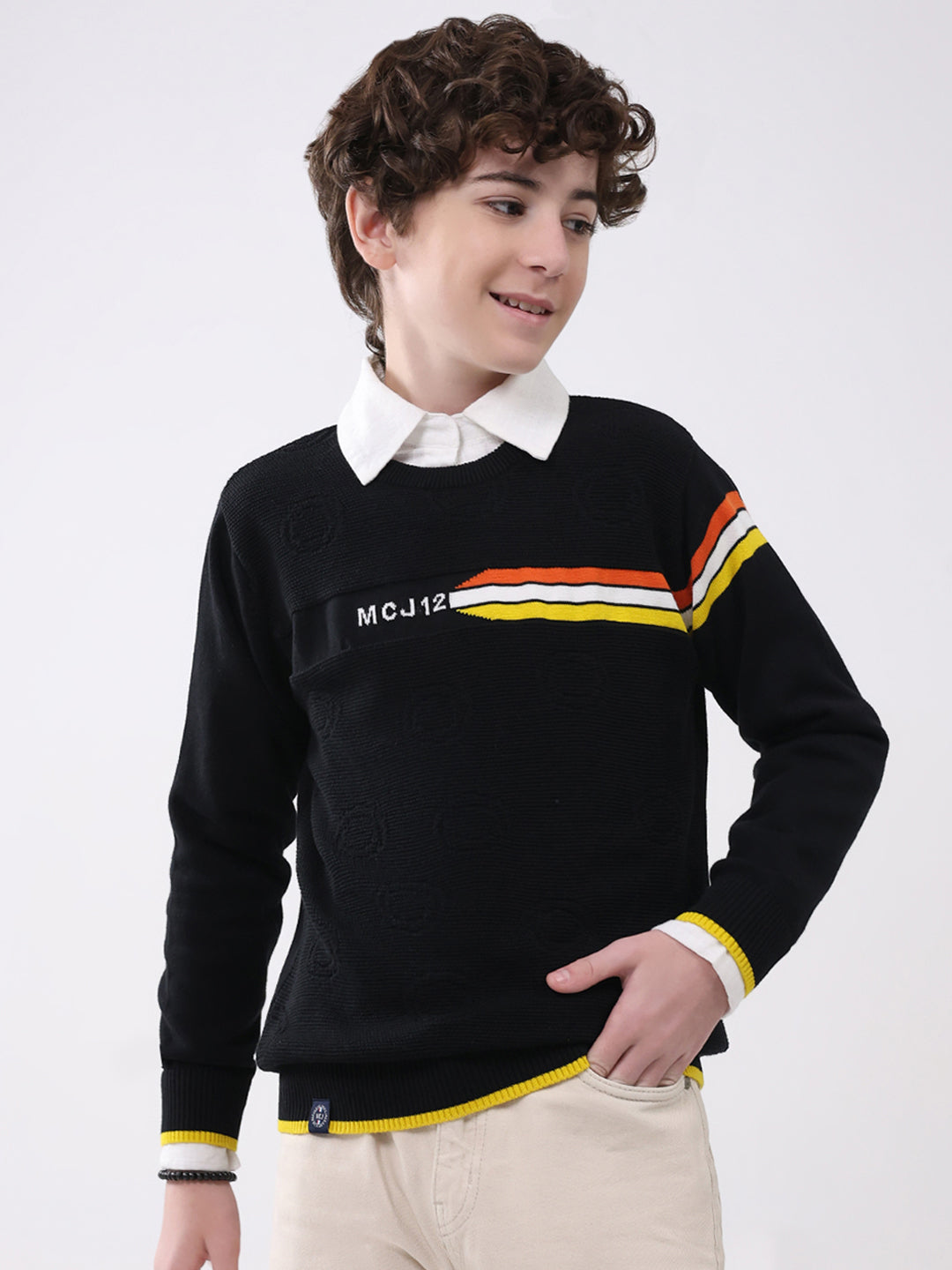 Boys Black Self Design Round Neck Full Sleeve Pullover