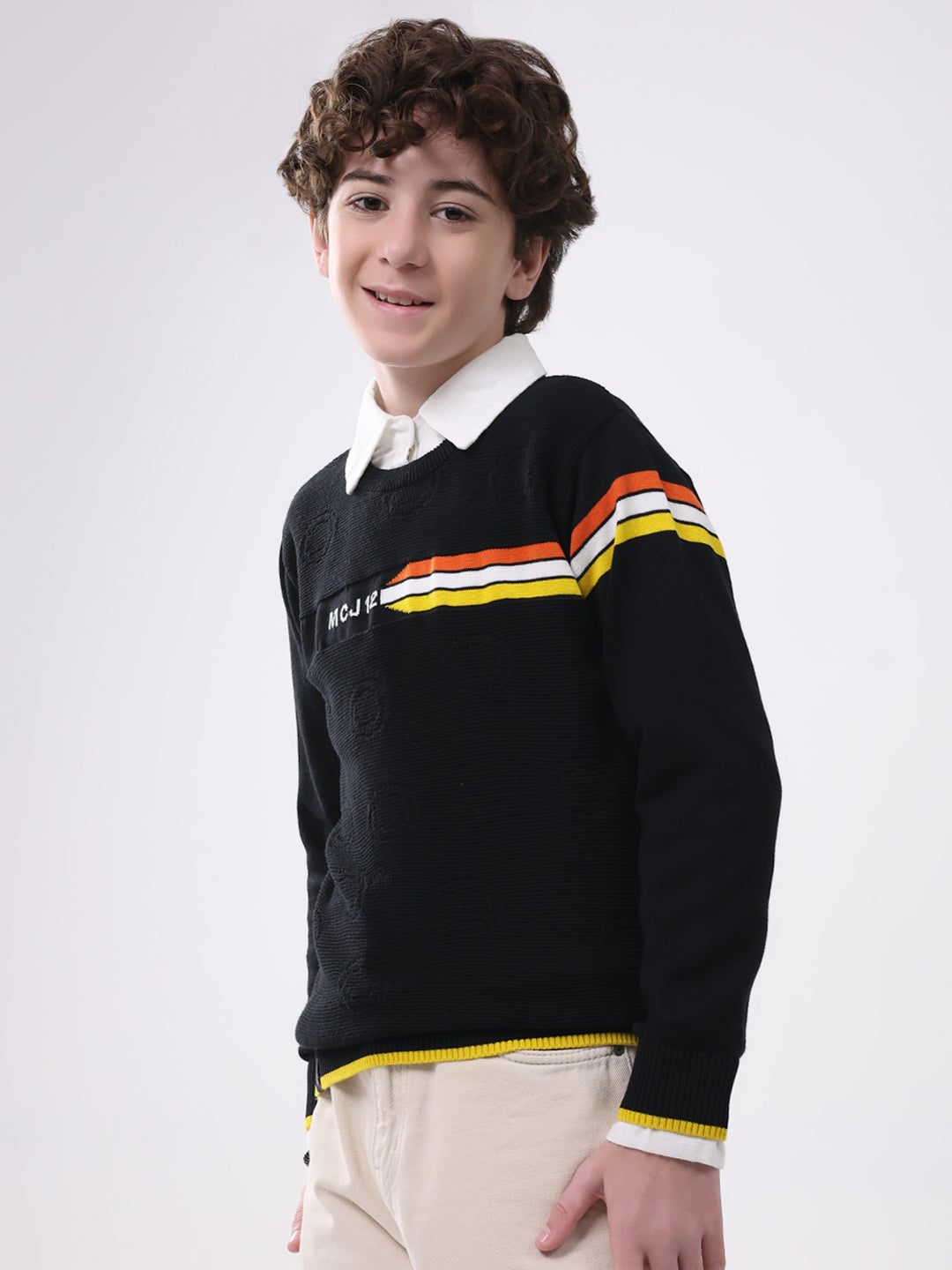 Boys Black Self Design Round Neck Full Sleeve Pullover