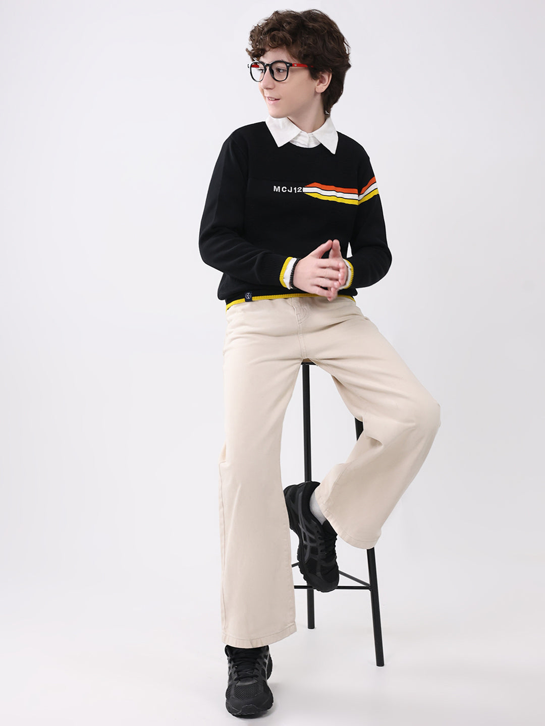 Boys Black Self Design Round Neck Full Sleeve Pullover