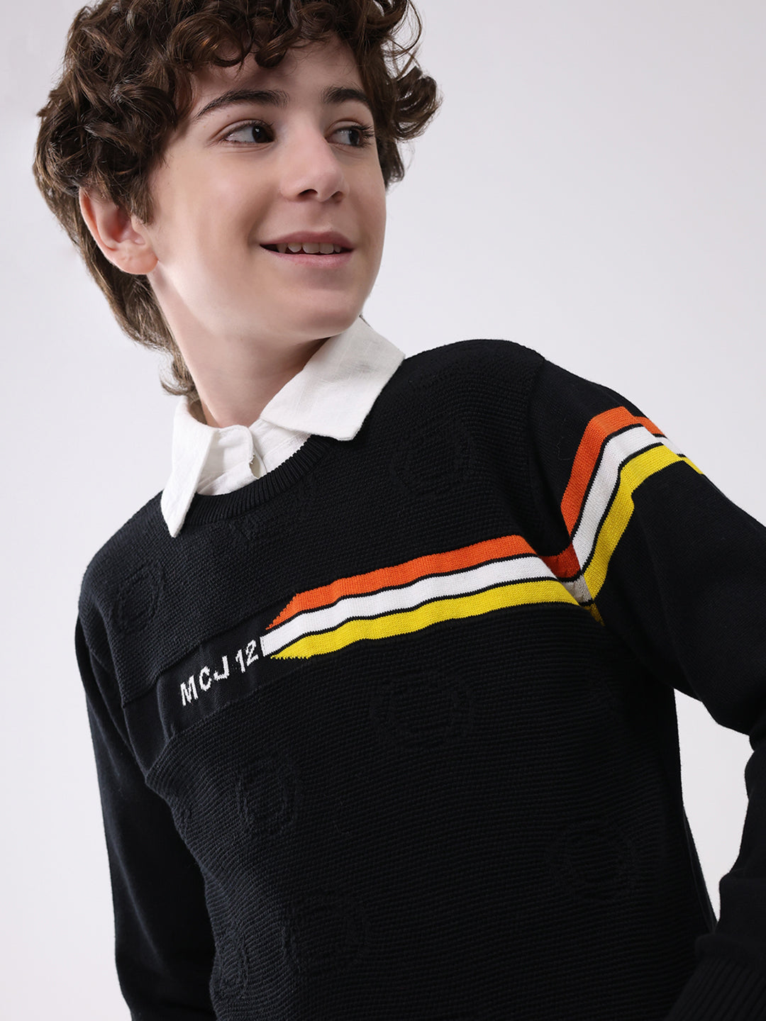 Boys Black Self Design Round Neck Full Sleeve Pullover