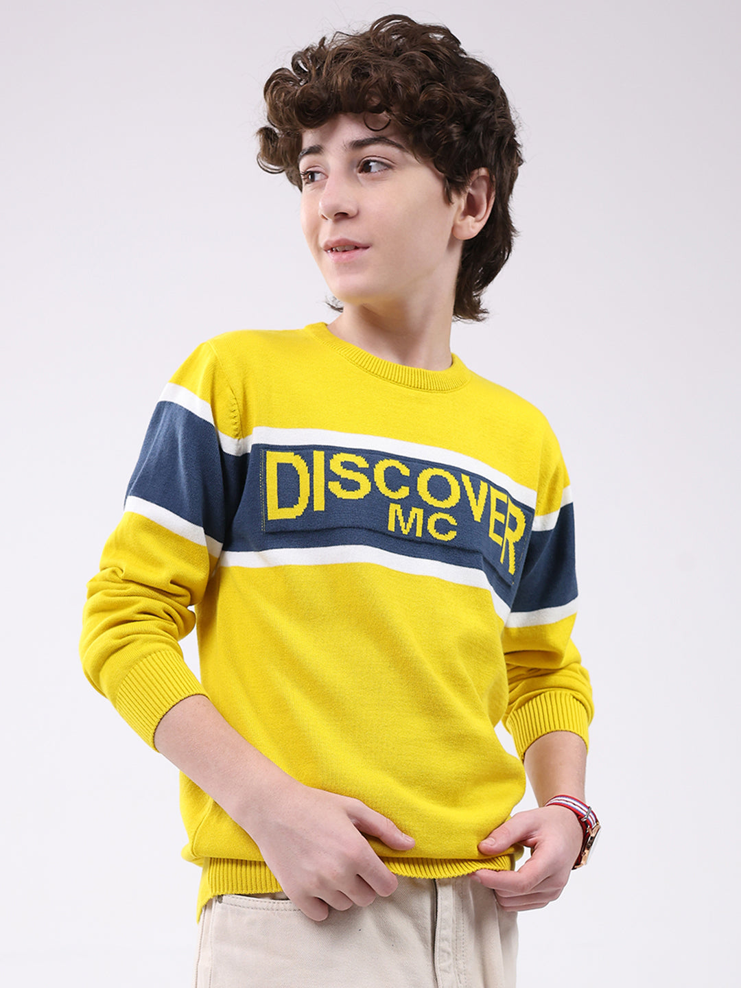 Boys Yellow Printed Round Neck Full Sleeve Pullover