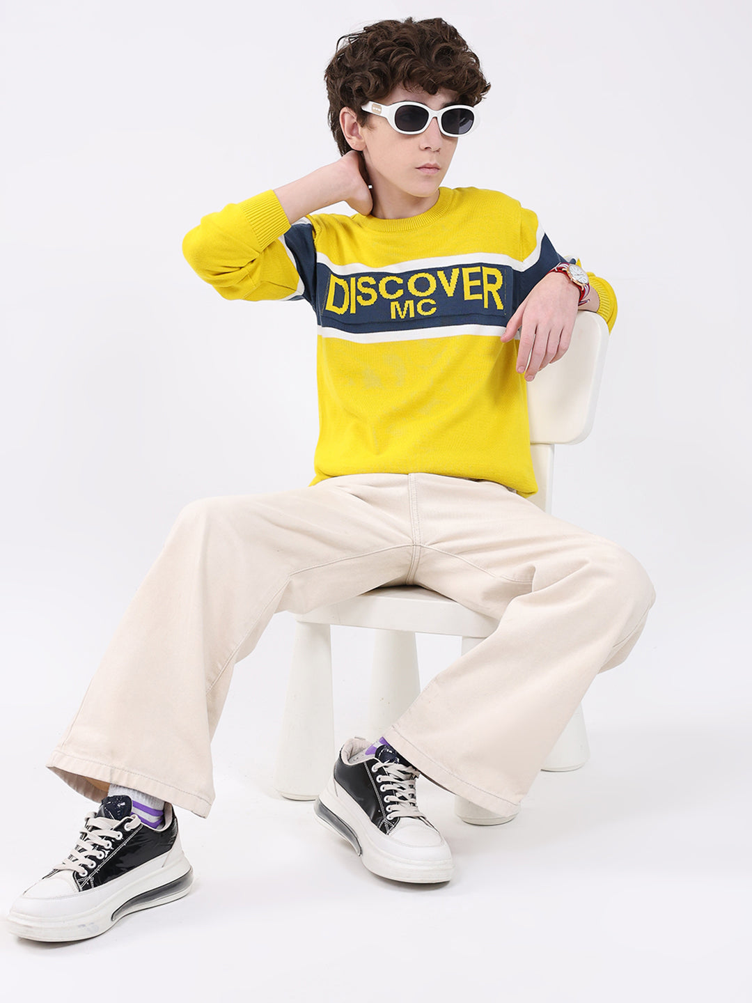 Boys Yellow Printed Round Neck Full Sleeve Pullover