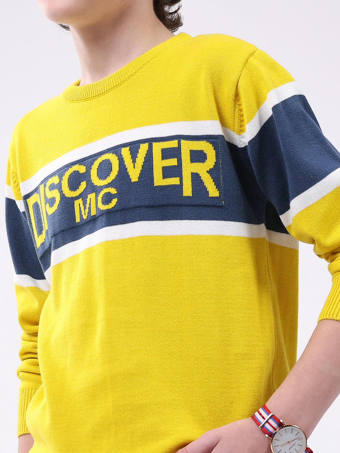 Boys Yellow Printed Round Neck Full Sleeve Pullover