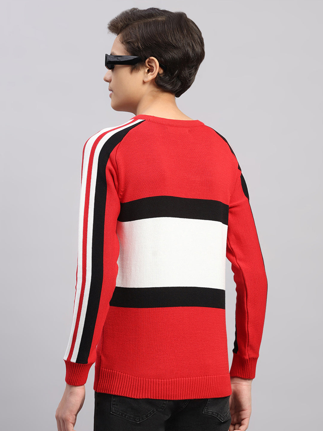 Boys Red Stripe Round Neck Full Sleeve Pullover