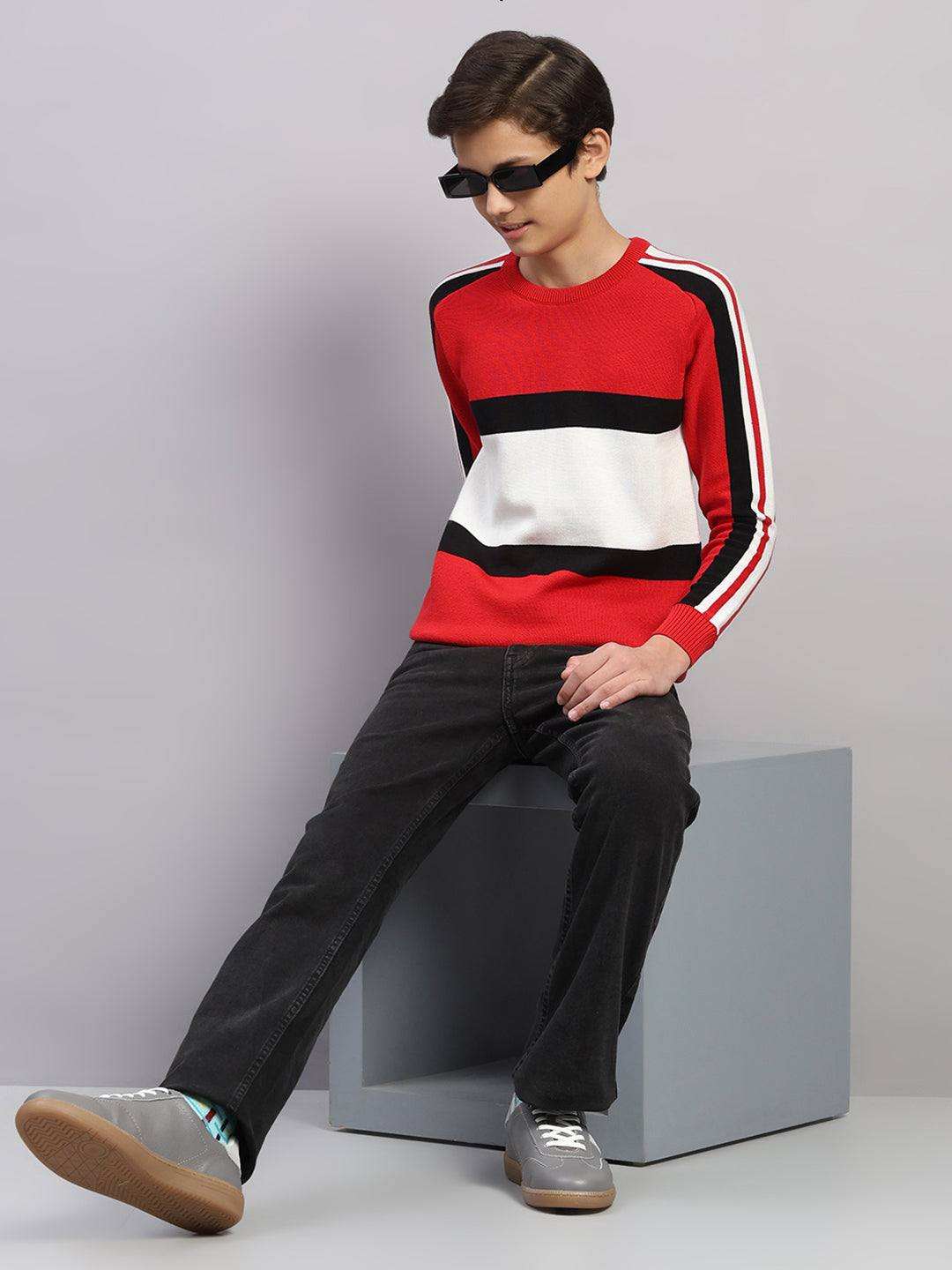 Boys Red Stripe Round Neck Full Sleeve Pullover
