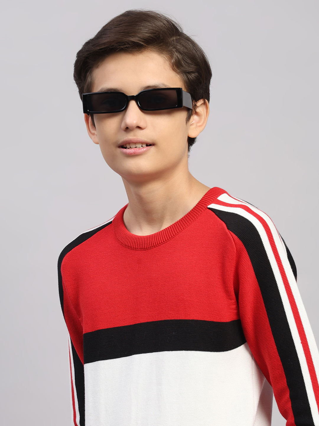 Boys Red Stripe Round Neck Full Sleeve Pullover