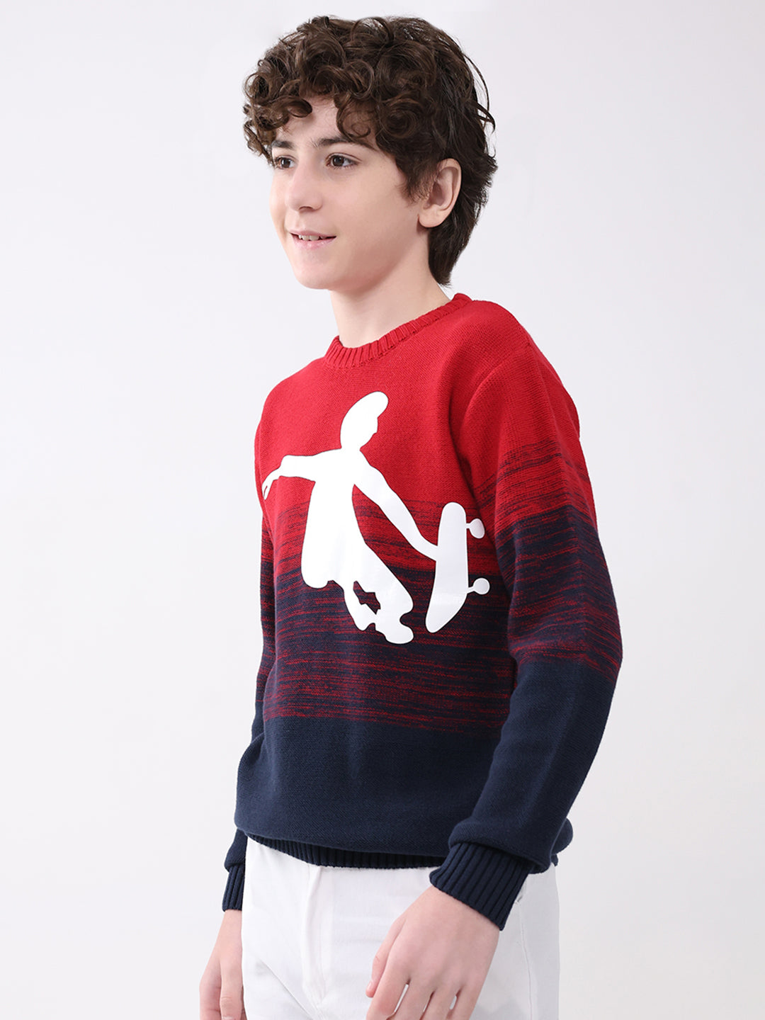 Boys Red Self Design Round Neck Full Sleeve Pullover