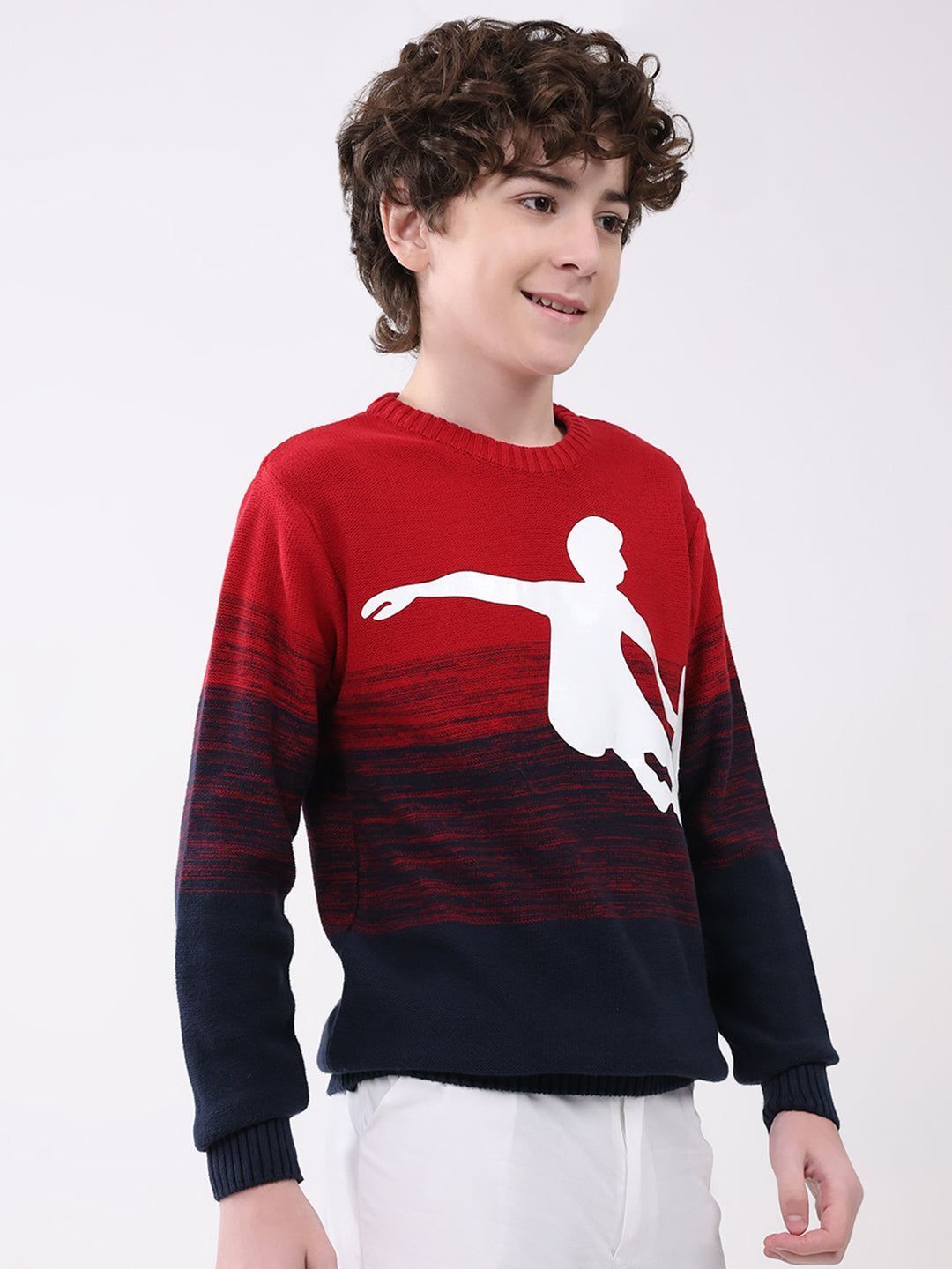 Boys Red Self Design Round Neck Full Sleeve Pullover