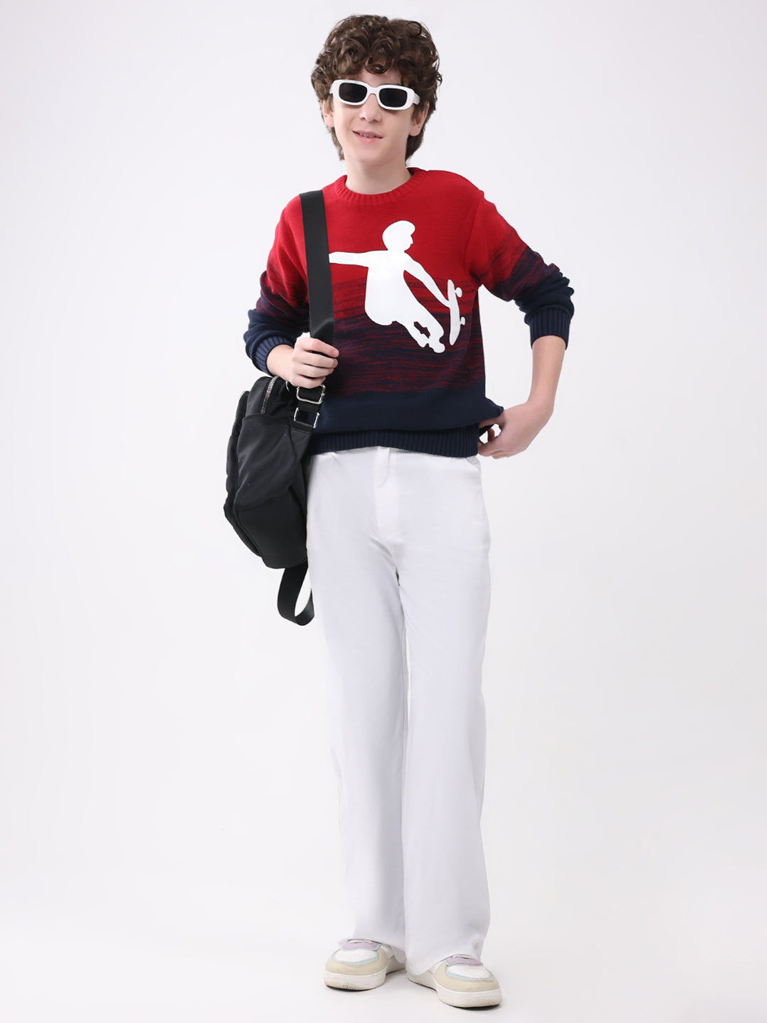Boys Red Self Design Round Neck Full Sleeve Pullover