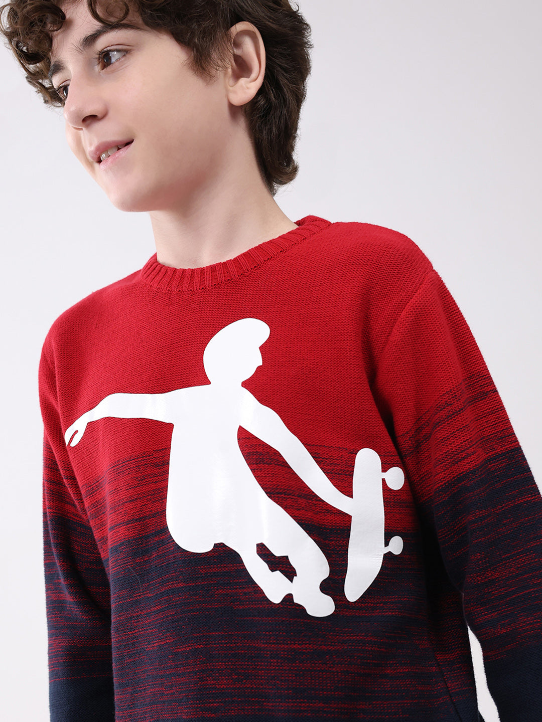 Boys Red Self Design Round Neck Full Sleeve Pullover