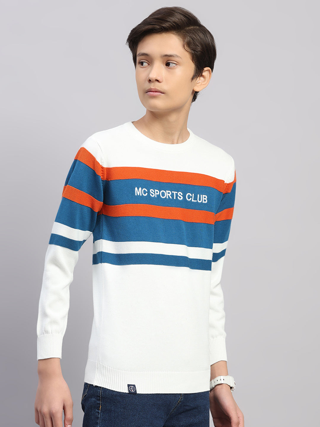 Boys Off White Stripe Round Neck Full Sleeve Pullover