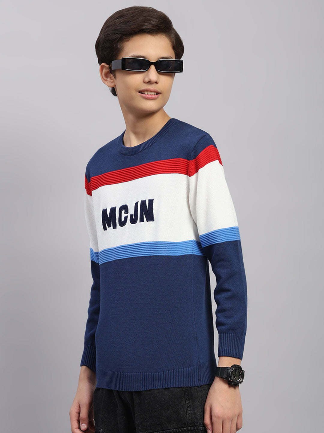 Boys Navy Blue Stripe Round Neck Full Sleeve Pullover