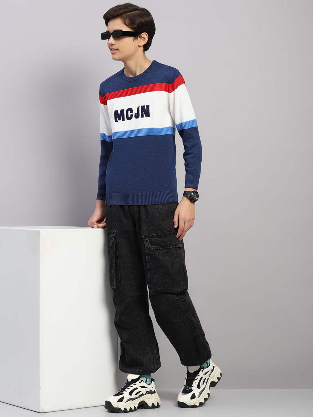 Boys Navy Blue Stripe Round Neck Full Sleeve Pullover