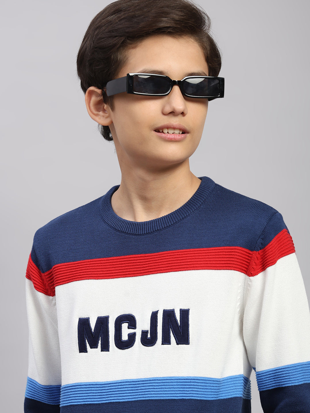 Boys Navy Blue Stripe Round Neck Full Sleeve Pullover