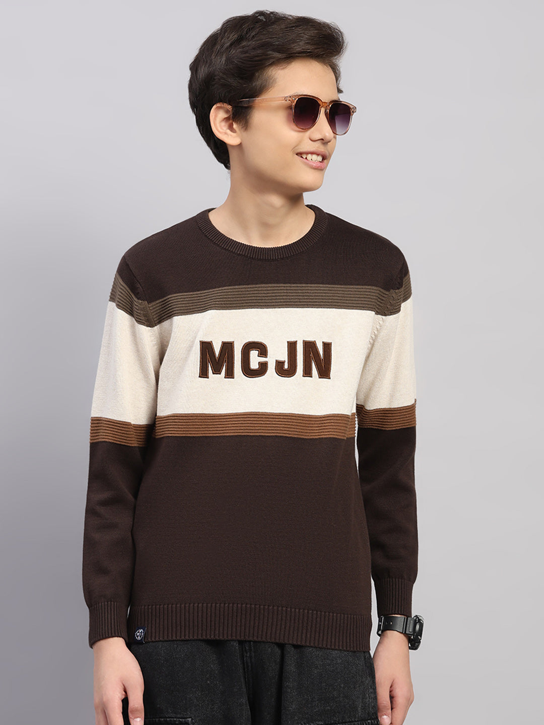 Boys Brown Stripe Round Neck Full Sleeve Pullover