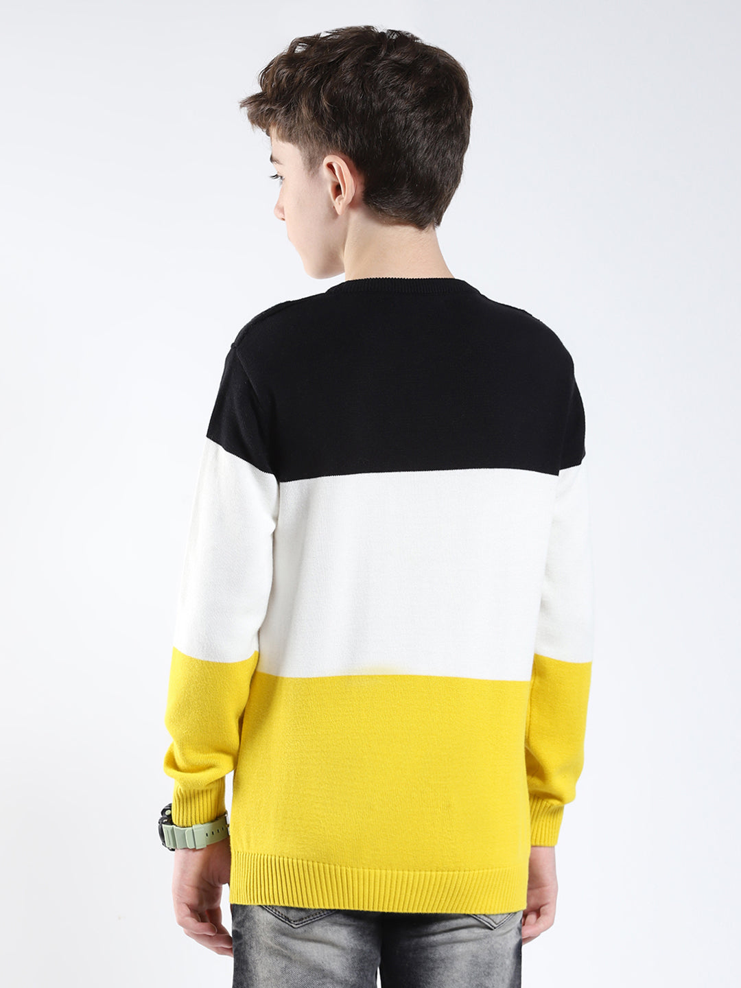 Boys Yellow Stripe Round Neck Full Sleeve Pullover