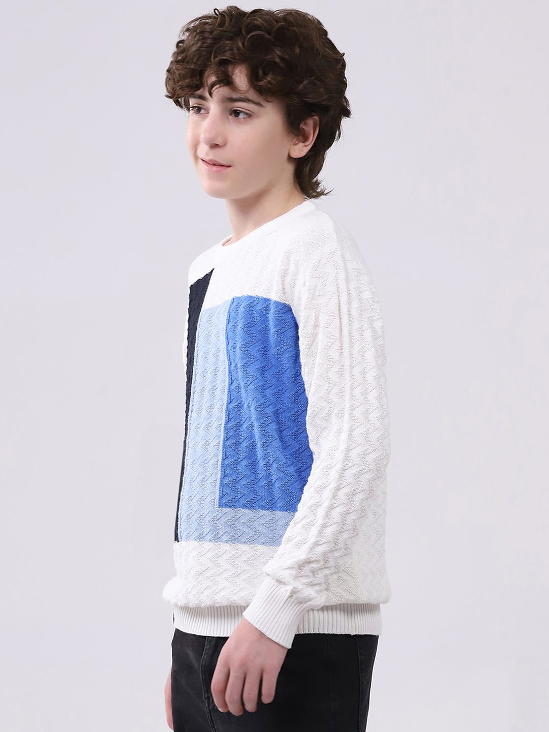 Boys Off White Self Design Round Neck Full Sleeve Pullover