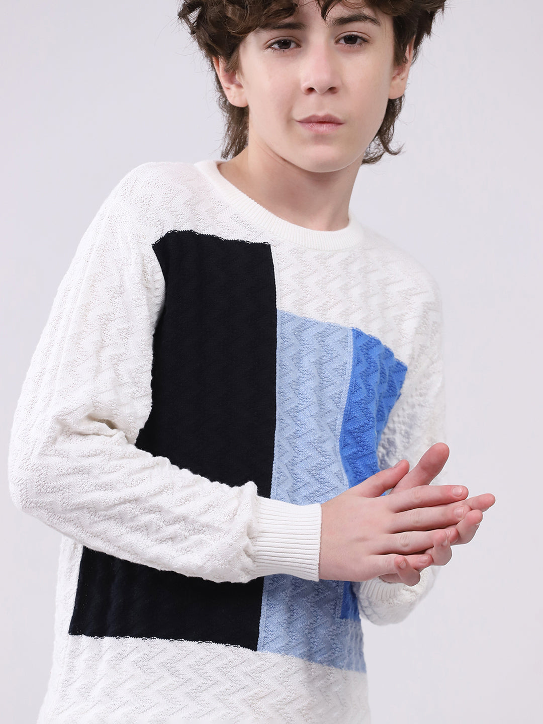 Boys Off White Self Design Round Neck Full Sleeve Pullover