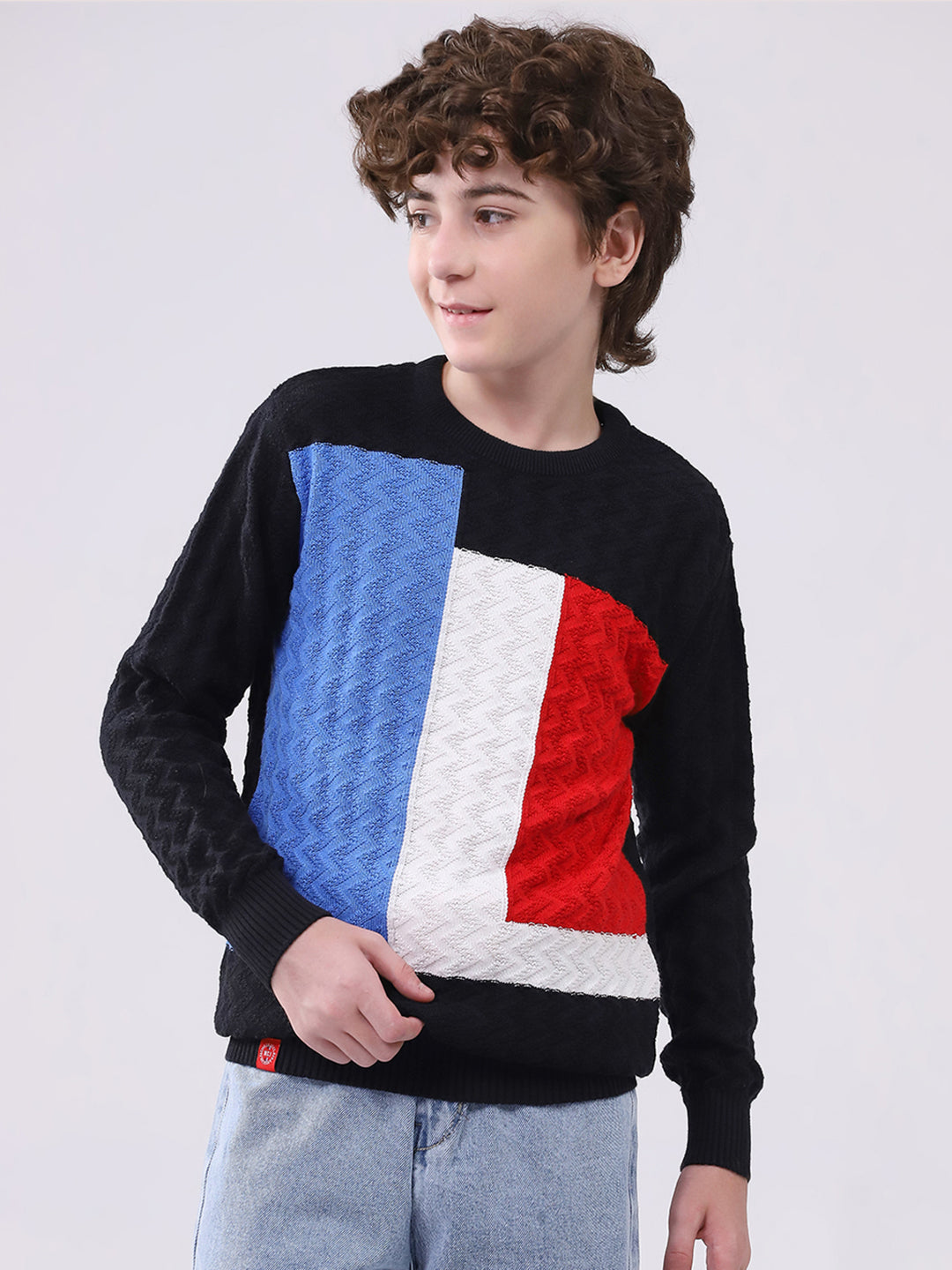 Boys Black Self Design Round Neck Full Sleeve Pullover