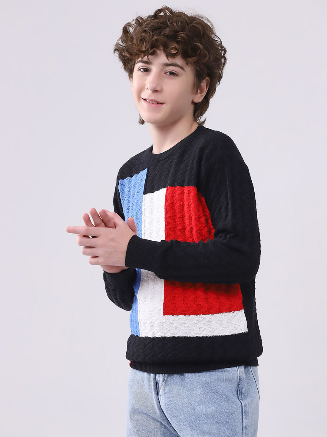 Boys Black Self Design Round Neck Full Sleeve Pullover