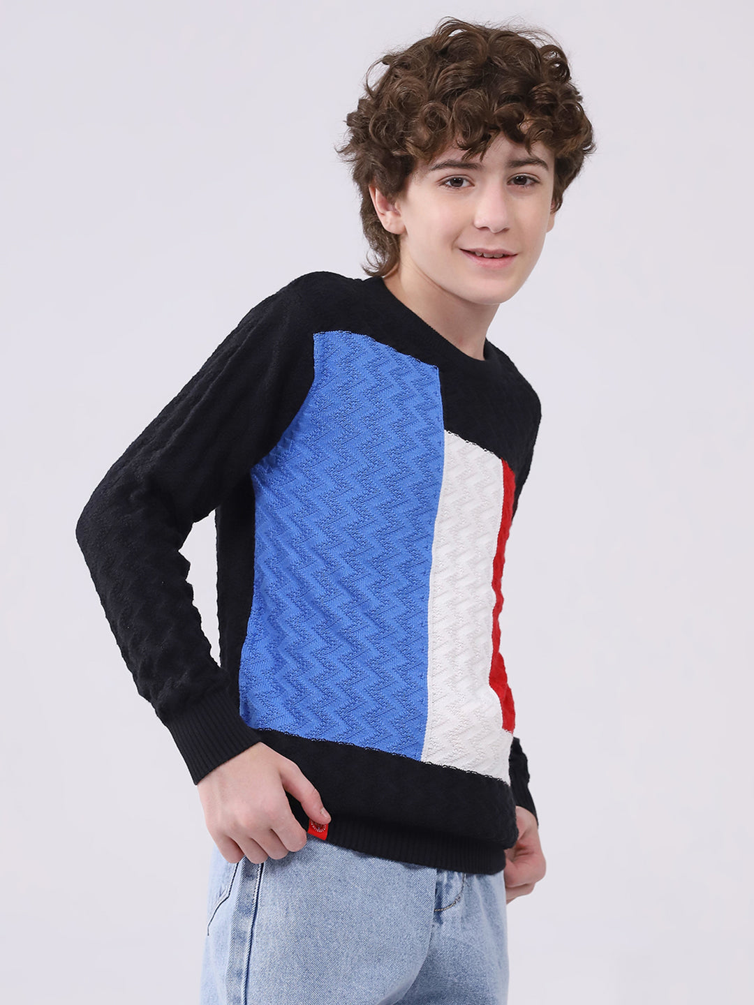 Boys Black Self Design Round Neck Full Sleeve Pullover