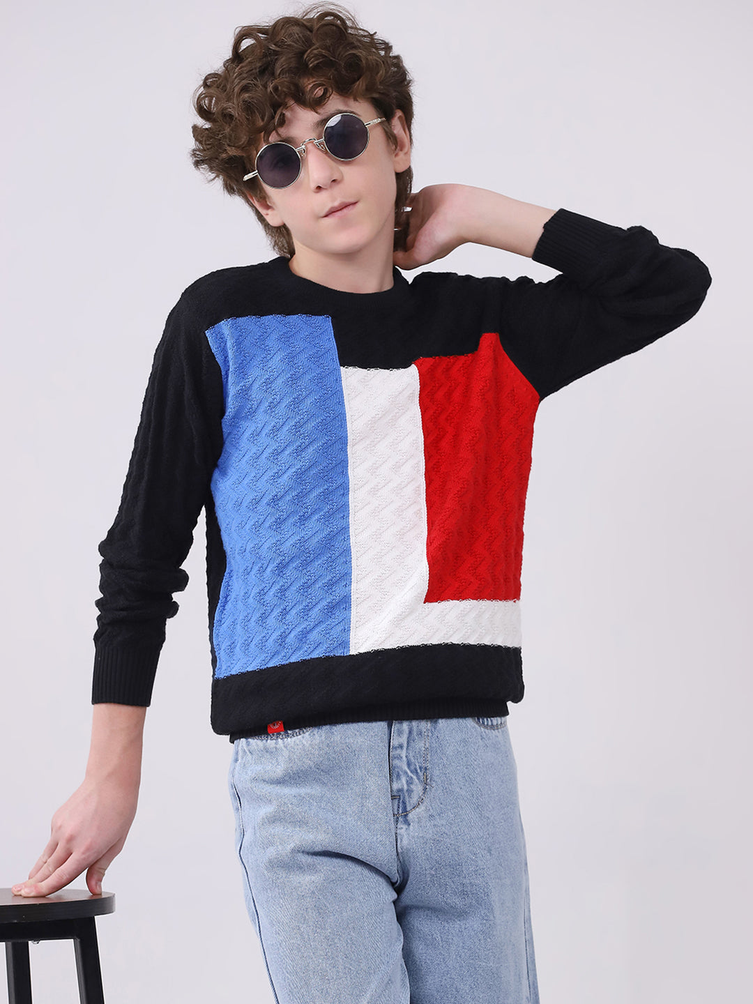 Boys Black Self Design Round Neck Full Sleeve Pullover