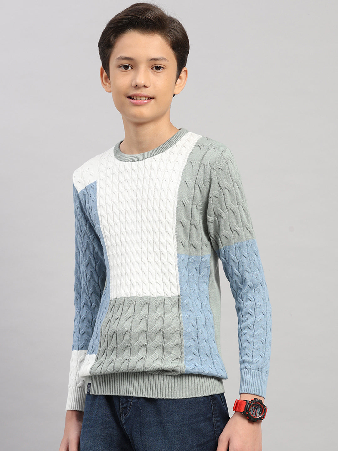 Boys Green Stripe Round Neck Full Sleeve Pullover