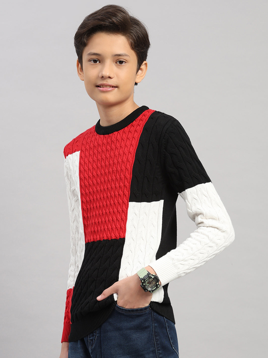 Boys Black Stripe Round Neck Full Sleeve Pullover