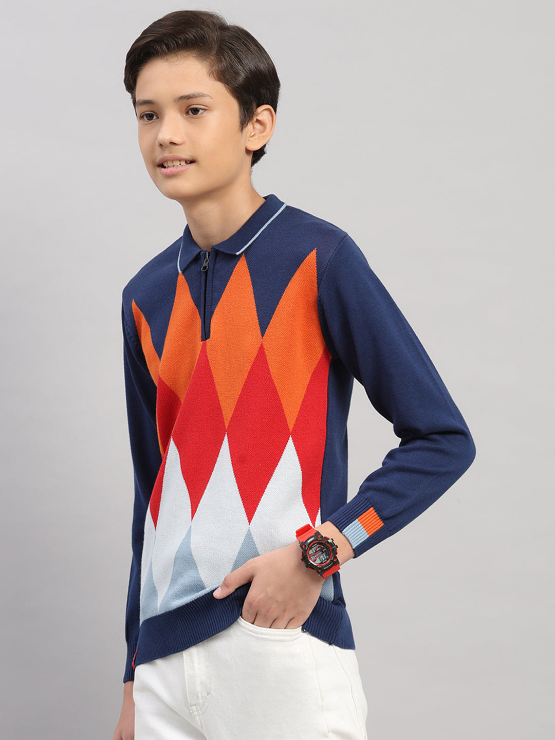 Boys Navy Blue Stripe Collar Full Sleeve Pullover