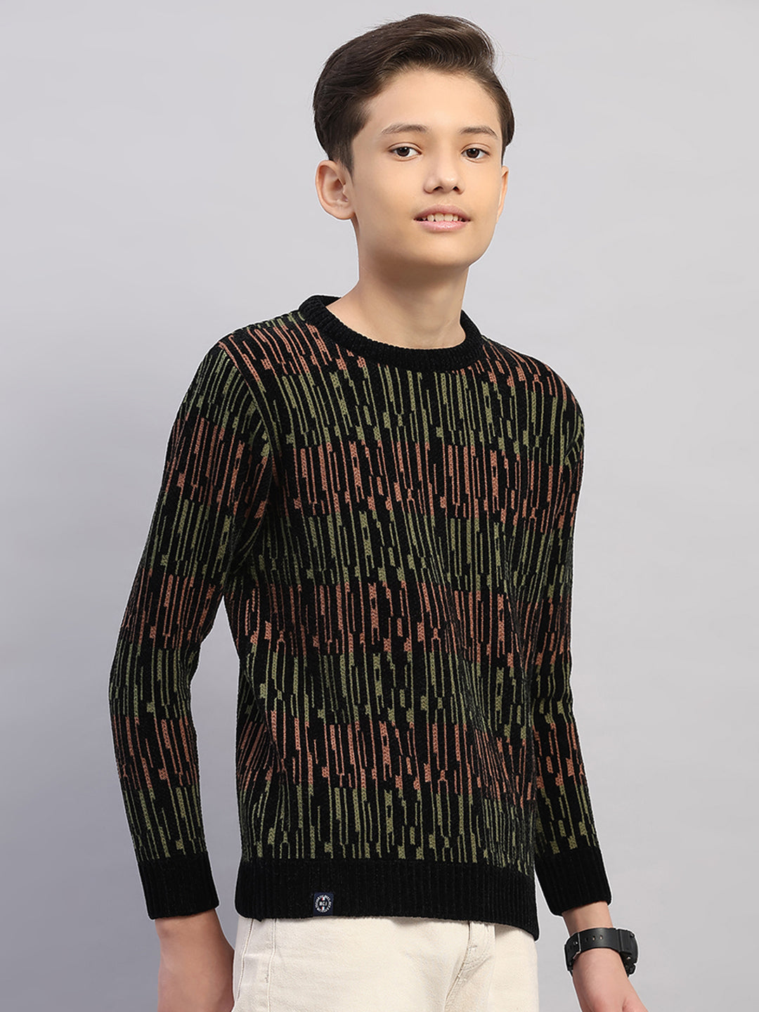Boys Black Stripe Round Neck Full Sleeve Pullover