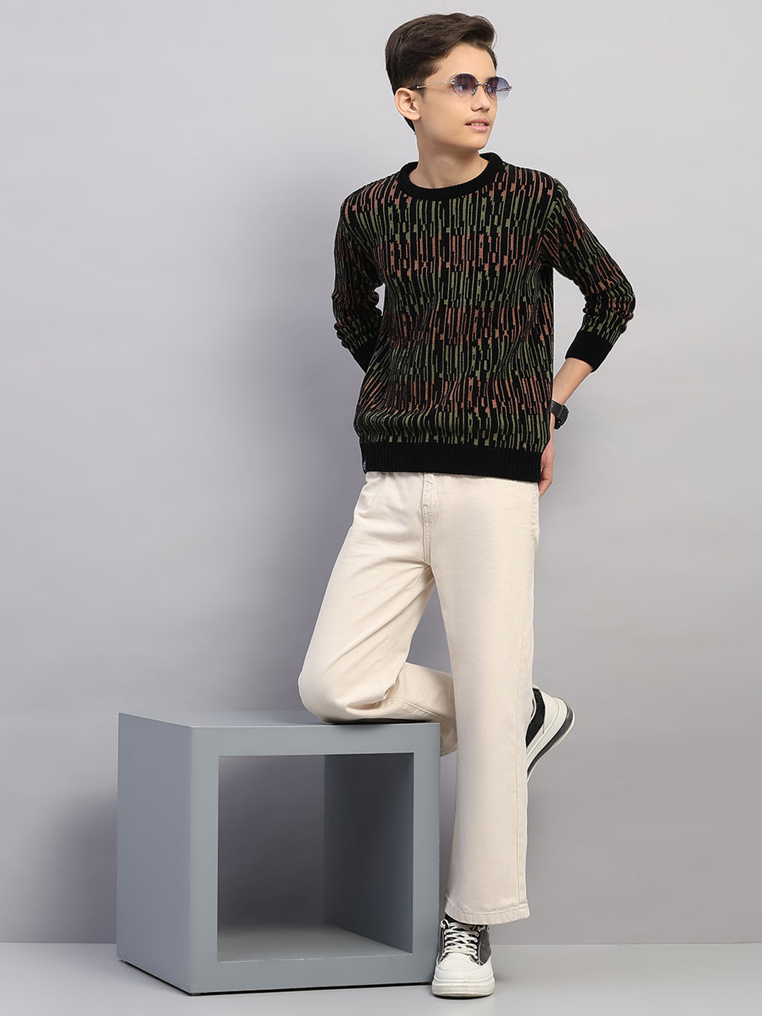 Boys Black Stripe Round Neck Full Sleeve Pullover