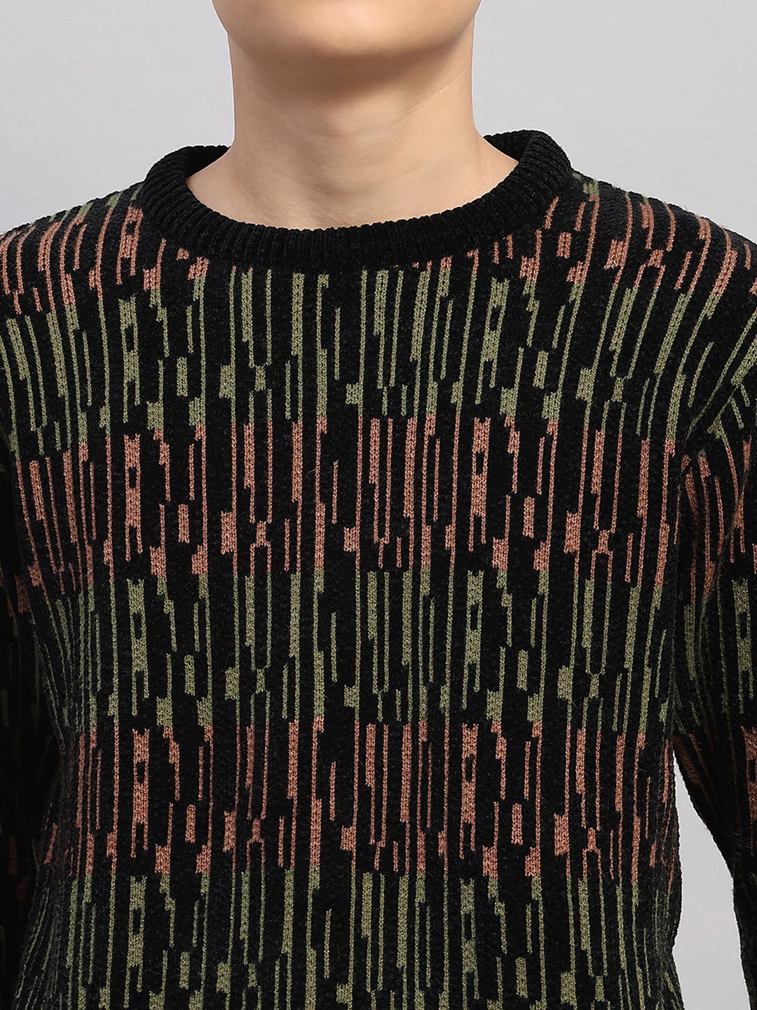 Boys Black Stripe Round Neck Full Sleeve Pullover