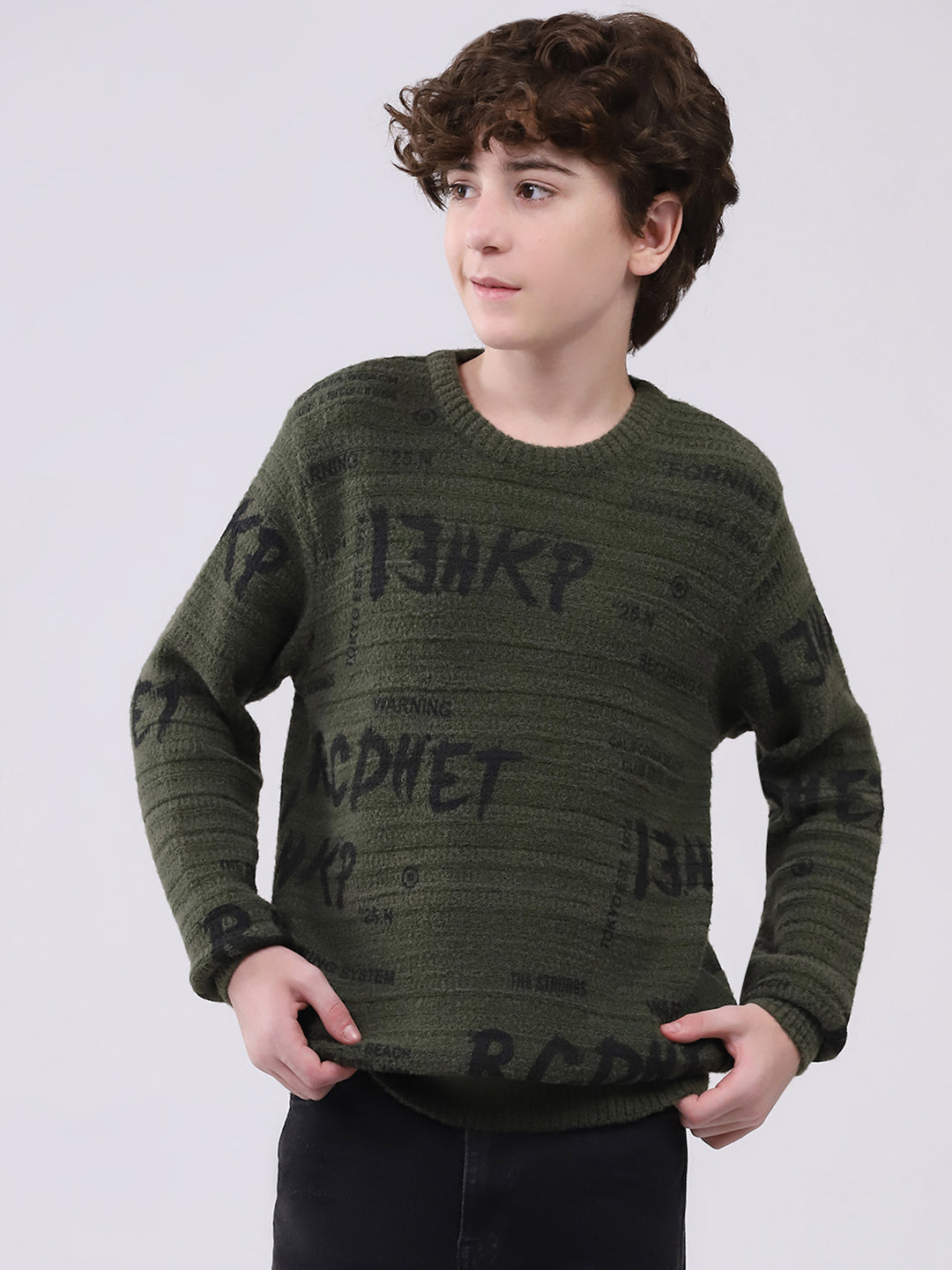 Boys Olive Self Design Round Neck Full Sleeve Pullover