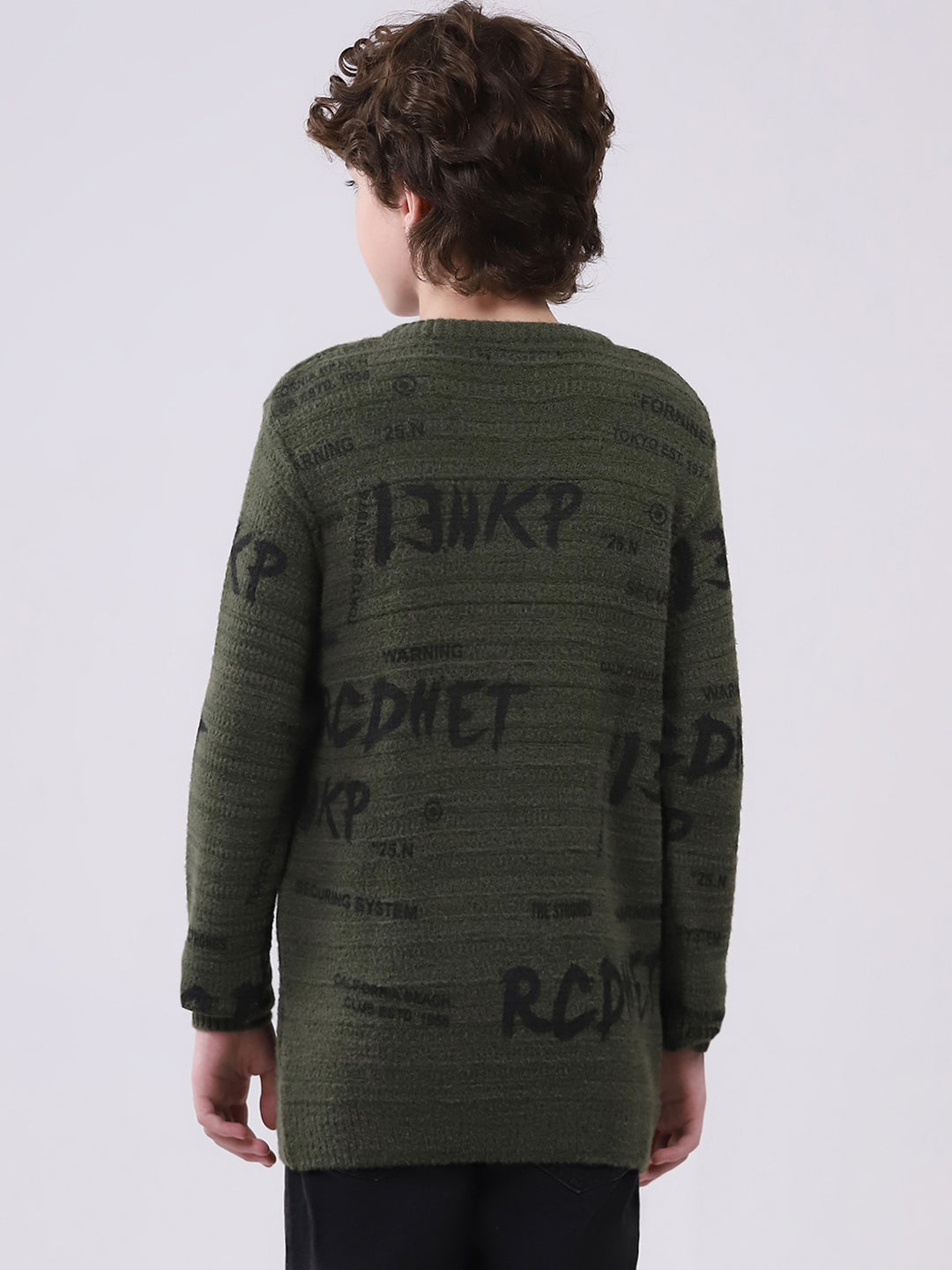 Boys Olive Self Design Round Neck Full Sleeve Pullover