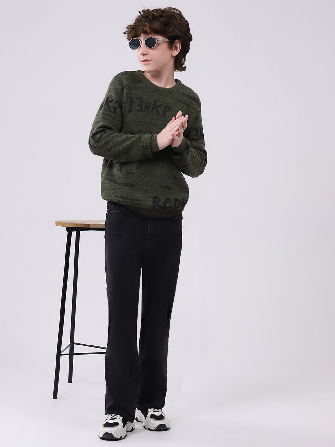 Boys Olive Self Design Round Neck Full Sleeve Pullover