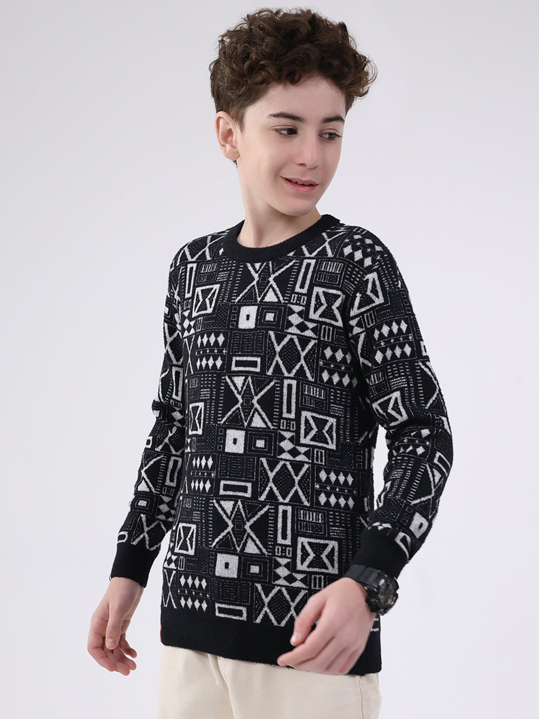 Boys Black Printed Round Neck Full Sleeve Pullover
